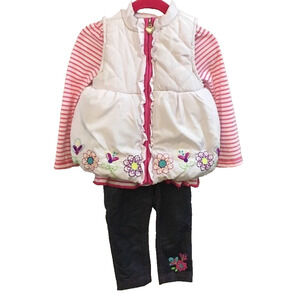 Baby Girl White Puffer Vest Shirt Jeans Jeggings 3 Piece Outfit 18M/24M Pink